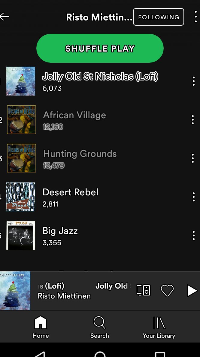 My Spotify plays for the past year. Really cool too see they are in the thousands to tens of thousands. Surprisingly Xmas Hip Hop is the most popular! open.spotify.com/artist/6Oc1UmY… #Spotify #spotifyplaylist #filmcomposer #filmcomposerlife #music #MusicProducer