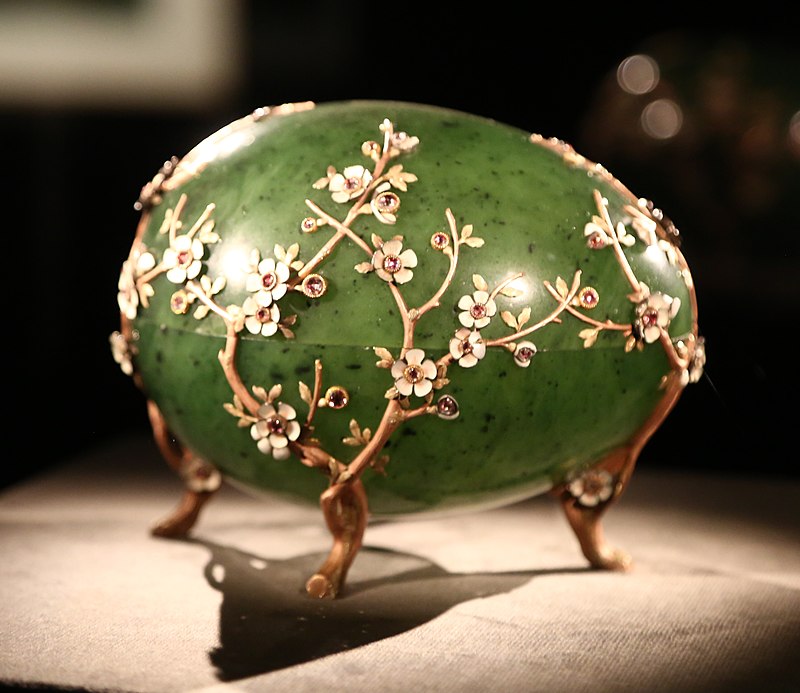 The Apple Blossom egg, also known as the Jade Chest egg, is a Fabergé egg created in the workshop of Peter Carl Fabergé for the wealthy Russian industrialist Alexander Kelch who presented it to his wife as an Easter gift in 1901.