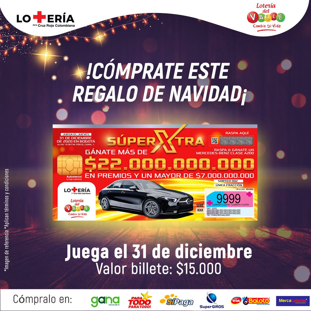 TwiterosCali's tweet photo. ¡Gánate el mayor de $7.000 Millones!

Es muy fácil. Podrás ganar más de $22.000 Millones en premios y un Mercedes-Benz A200 #Automercol con tu @LoteriaCruzRoja y la @LoteriadelValle.

Compra tu billete en los puntos #Baloto #Gane #Supergiros #Pagatodo #sipaga #mercaloterias. https://t.co/nsfmCaUKrN