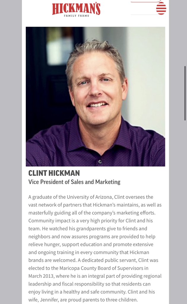 Clint Hickman violated his oath as an elected official and Chairman of Maricopa Board of Supervisors and voted to NOT comply with a subpoena for the forensic analysis of Dominion machines.He owns Hickman eggs in Arizona. I am calling on a FULL BOYCOTT!  #MaricopaCoverUp