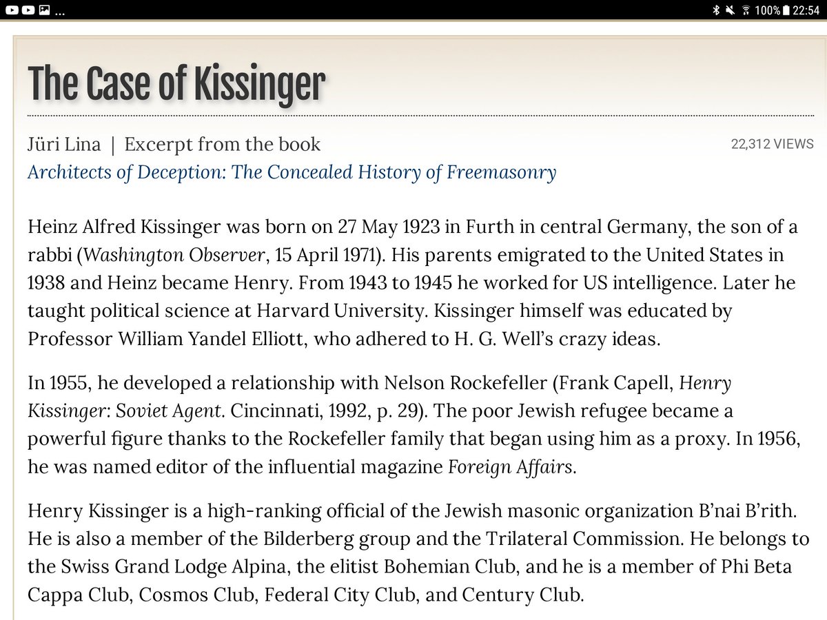 Henry Kissinger is a high-ranking official of the Jewish masonic organization B’nai B’rith. He is also a member of the Bilderberg group and the Trilateral Commission. #WarCriminal  #GreatReset https://wariscrime.com/new/the-case-of-kissinger/