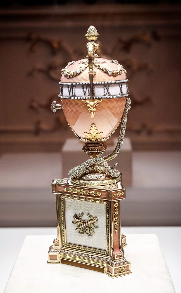 The Duchess of Marlborough Egg is the only large Fabergé egg to have been commissioned by an American, and it is inspired by a Louis XVI clock with a revolving dial. It is similar to the earlier imperial Blue Serpent Clock egg