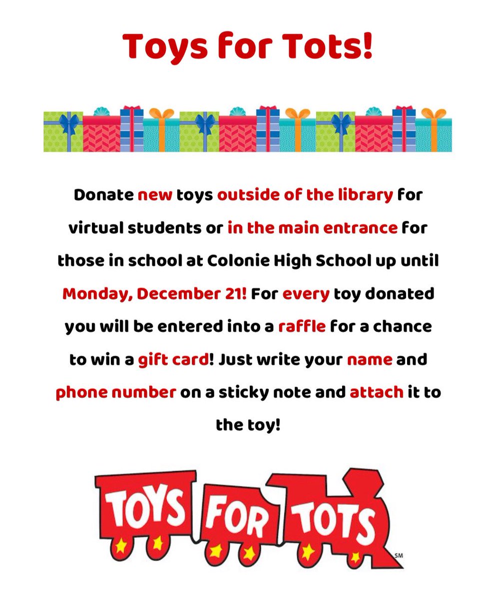 Tomorrow is the last day to donate toys for Toys for Tots! Drop off locations are outside the library and in the main entrance and Colonie High School!