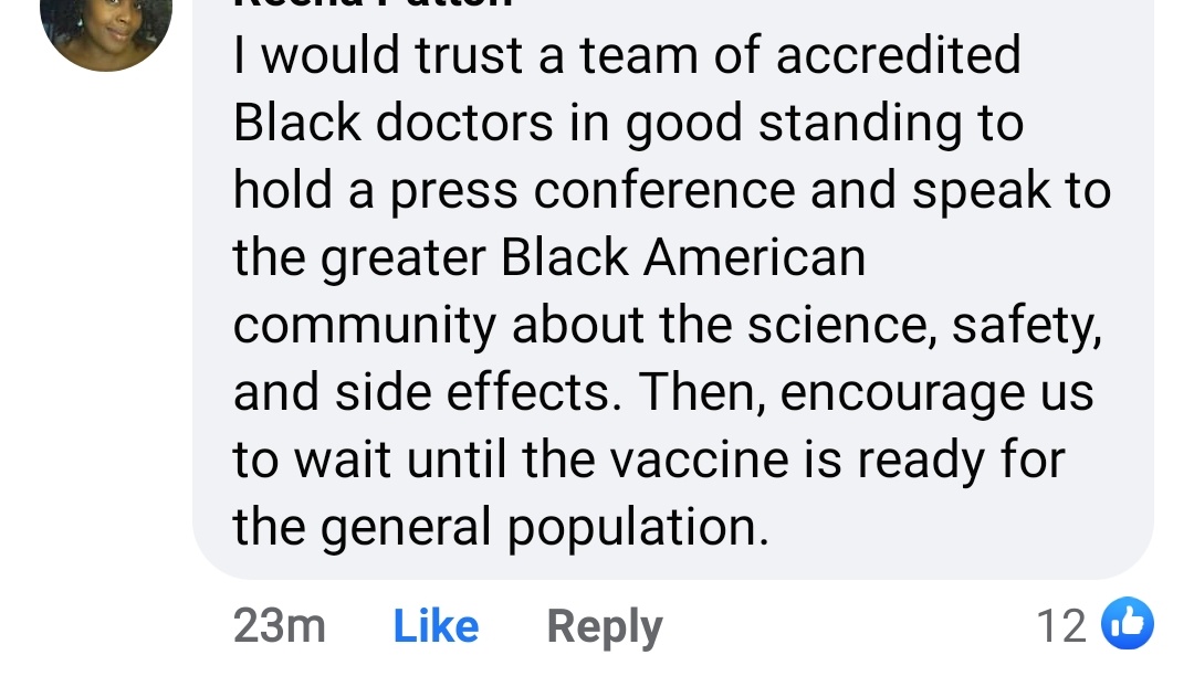 Question to the Black community- what leader would you trust to tell you to get the vaccineRead the responses https://m.facebook.com/story.php?story_fbid=3954738157912212&id=142185845834148