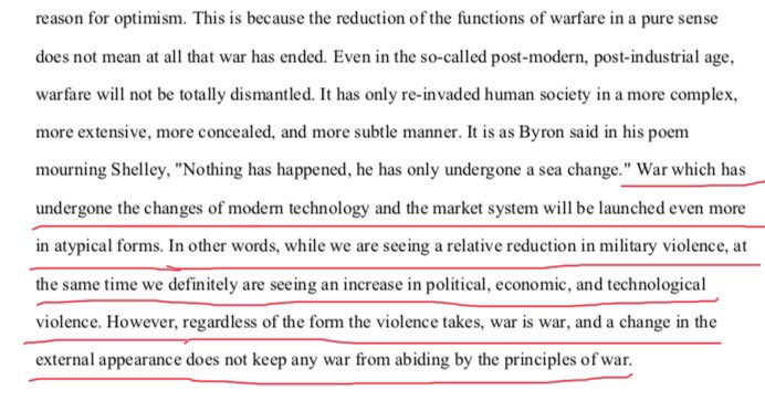 Realizing that war in the traditional sense is meant to force the opponent to submit to your will through a “might makes right” approach on battlefields. Future wars would have to expand the notion of the battlefield itself and include areas that don’t involve weapons at all...