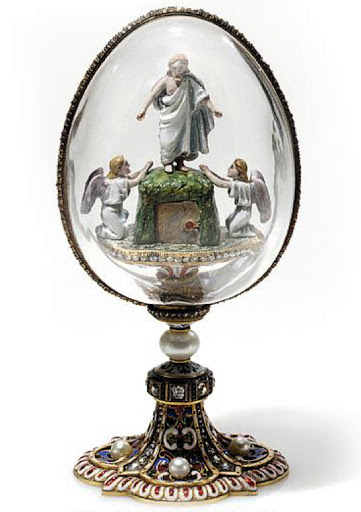 has a similar decoration in enamel on the base, and features a pearl, which is mentioned in the invoice for the Renaissance egg but not present on that egg.