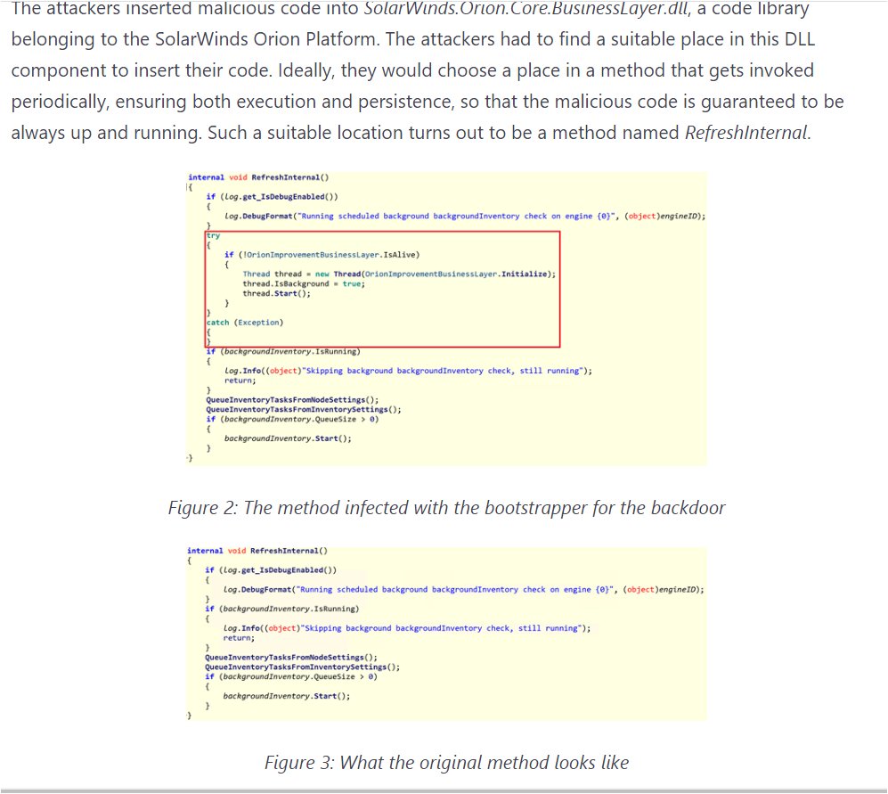 Microsoft has technical article on SolarWinds hack.  https://www.microsoft.com/security/blog/2020/12/18/analyzing-solorigate-the-compromised-dll-file-that-started-a-sophisticated-cyberattack-and-how-microsoft-defender-helps-protect/  The few innocuous-looking lines in red box are the very lightweight link to malware code. Hard to see anything distinctively CosyBear or Russian in these lines. Maybe attribution is something else.