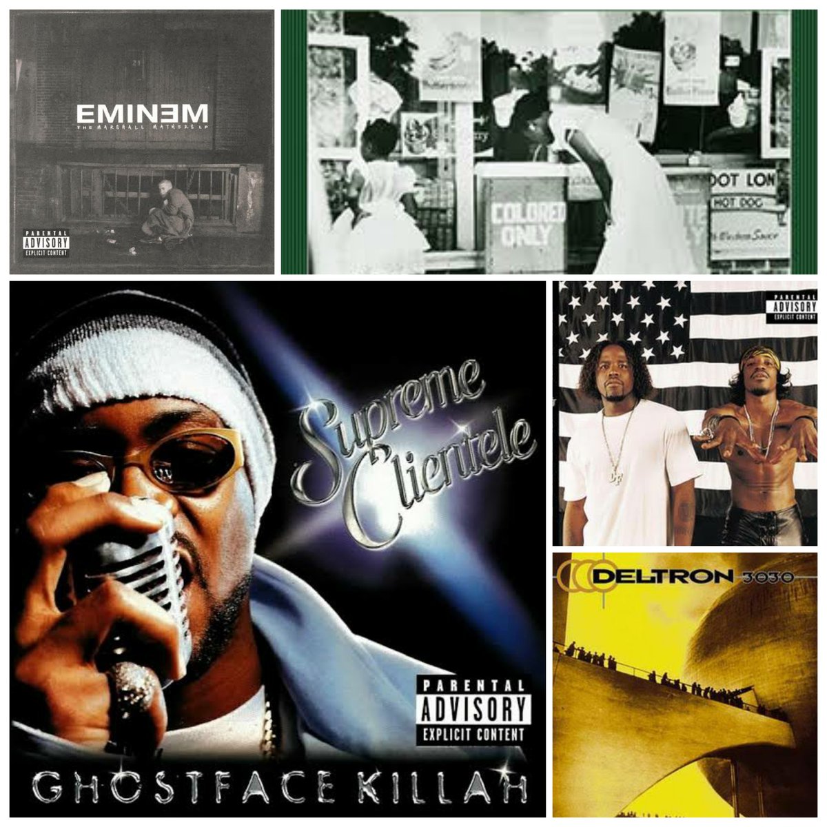 2000:1. Ghostface Killah: Supreme Clientele2. Outkast: Stankonia3. Deltron 3030: Deltron 30304. Common: Like Water For Chocolate5. Eminem: Marshall Mathers EP
