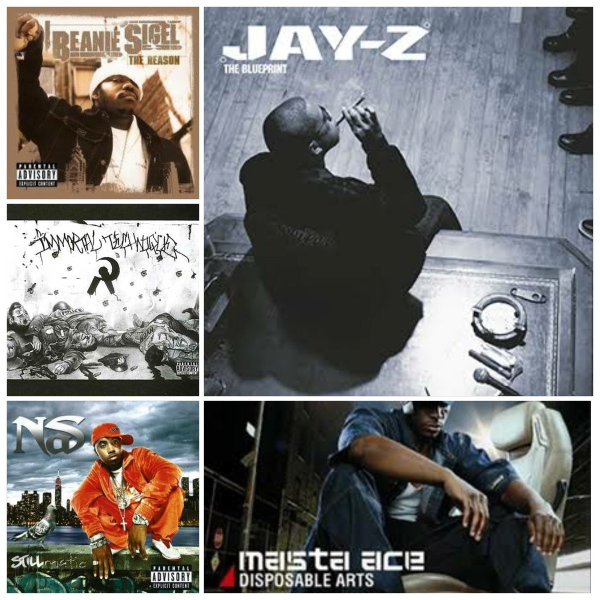 20011. Jay-Z: The Blueprint2. Immortal Technique: Revolutionary Vol. 13. Masts Ace: Disposable Arts4. Nas: Stillmatic5. Beanie Sigel: The Reason