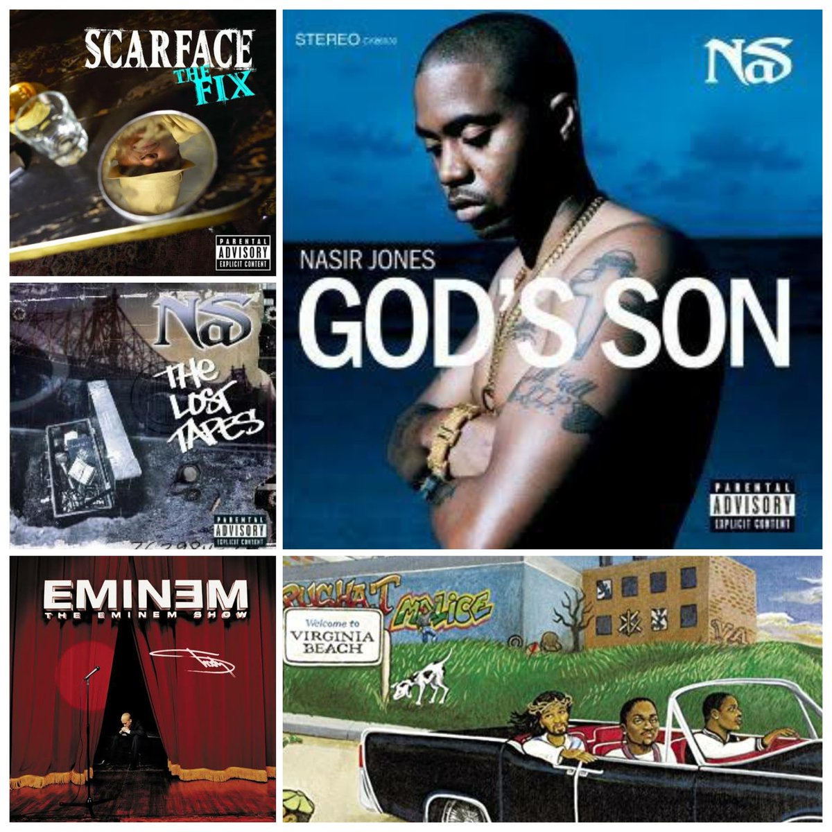 2002:1. Nas: The Lost Tapes2. Scarface: The Fix3. Eminem: The Eminem Show4. Clipse: Lord Willin'5. Nas: God's Son
