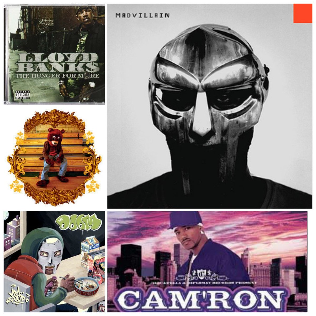 2004:1. Madvillain: Madvillainy2. Kanye West: The College Dropout3. Cam'ron: Purple Haze4. MF DOOM: Mm... Food5. Lloyd Banks: The Hunger For More