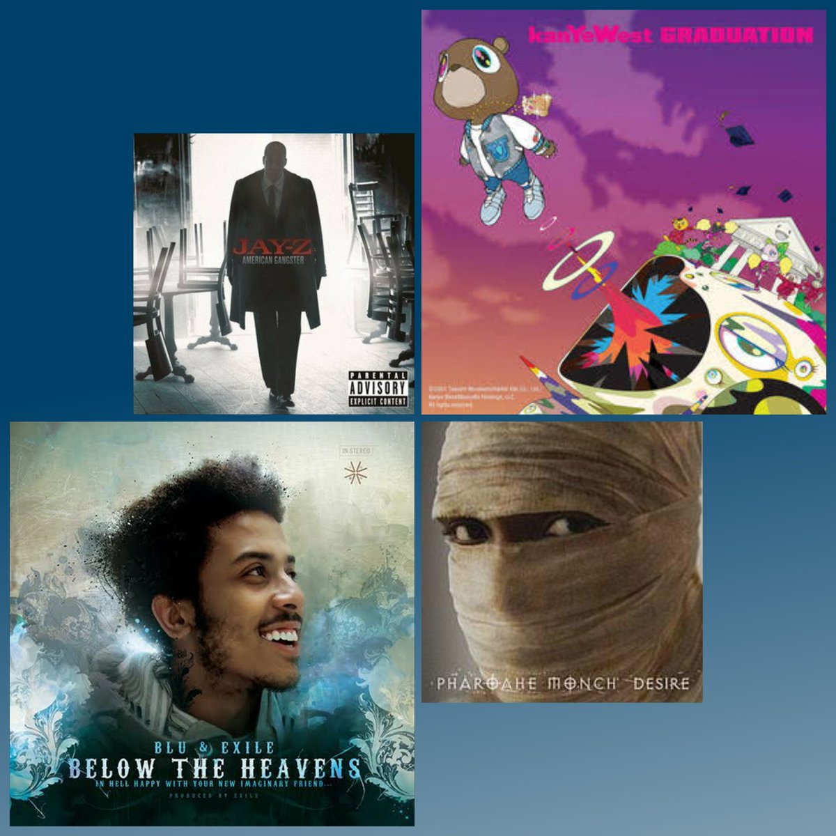 2007:1. Blu & Exile: Below The Heavens2. Lupe Fiasco: The Cool3. Jay-Z: American Gangster4. Kanye West: Graduation5. Pharoah Monch: Desire