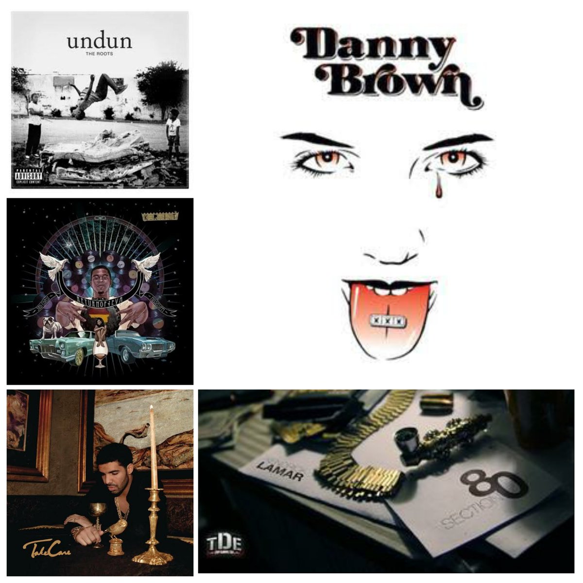 2011:1. The Roots: Undun2. Big K.R.I.T: Return of 4eva3. Drake: Take Care4. Kendrick Lamar: Section .805. Danny Brown: XXX