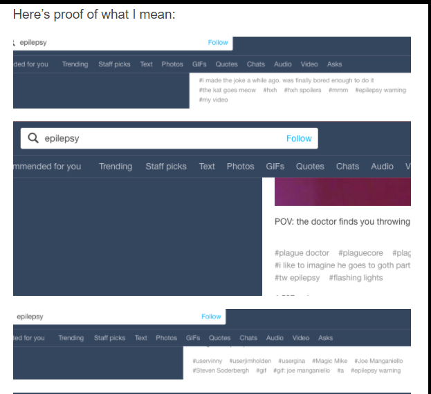 This is a big issue on Twitter as well!DO NOT tag flashing imagery as 'Epilepsy Warning' cuz all that will happen is that epileptics can't even use their own tag because it's full of flashy videosI as well, encourage you to share this ESPECIALLY if you don't have epilepsy