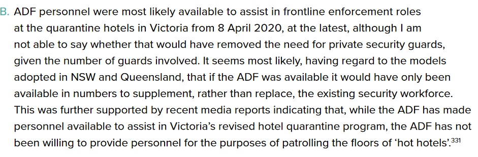 HUGE: Coate determines that even if ADF was provided to run HQ, Security Guards would likely still be required.Coate also confirms that  @lindareynoldswa denied  @DanielAndrewsMP's recent request for ADF. #auspol  #springst  #hotelqurantine