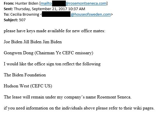 18/ Hunter Biden called his father, Joe Biden, and his Chinese business partner “office mates” in a Sept. 2017 email. “Please have keys made available for new office mates,” Before listing Joe Biden, his stepmother Jill Biden, his uncle Jim Biden, and Gongwen Dong.