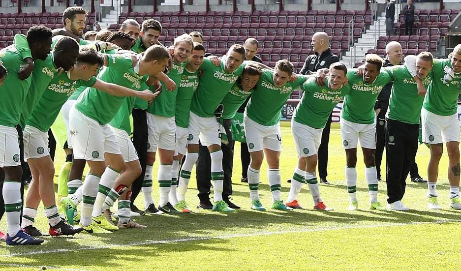 2.4.17  A 5-0 win at Tynecastle clinches the league title for Celtic.  Sinclair (3), Armstrong and Roberts were the goalscorers. Celtic's 6th title in a row.