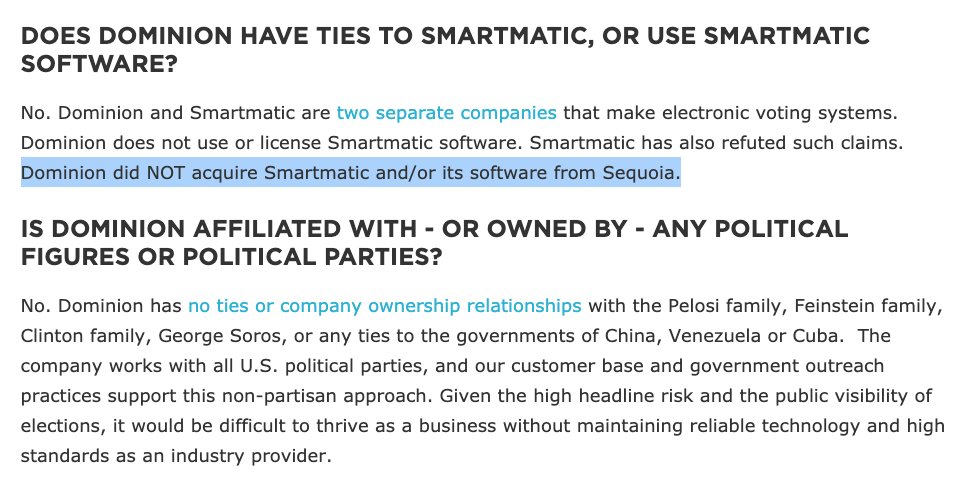 Strange enough, there are some ties between Dominion, Smartmatic, and Sequioa, which Dominion "categorically denies". Statements from Dominion are constantly updated but older versions are archived. https://www.dominionvoting.com/election2020-setting-the-record-straight/Let us take a peek at categorically relevant info 