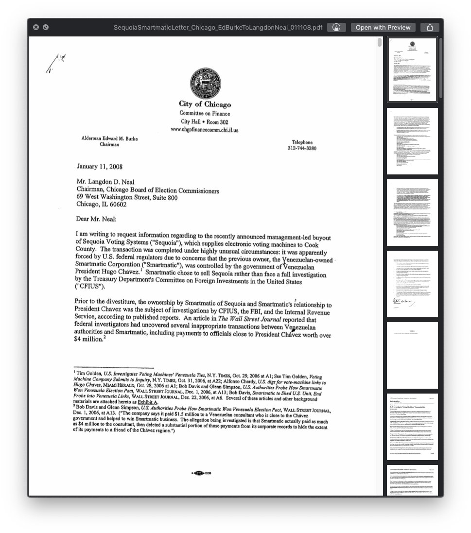Weird.Food for thought:The buyout transaction was completed under "highly unusual circumstances" which ended up having Smartmatic sell Sequioa rather than face a full investigation by the Treasury Department's Committee on Foreign Investments in the US ("CFIUS").