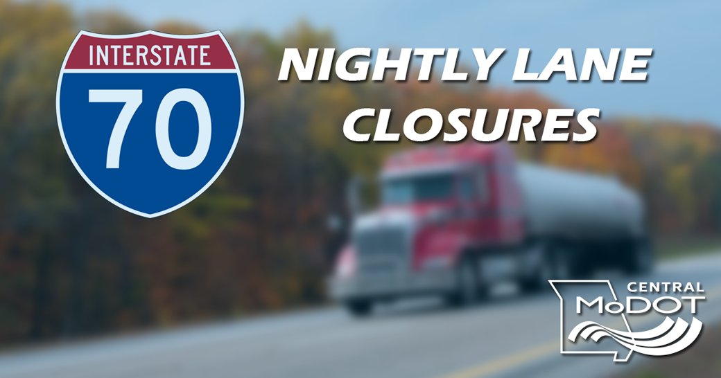 MoDOT_Central's tweet photo. 🚧Prepare for nightly lane closures on I-70🚧
Crews will be making overnight pavement repairs along EB I-70 in Callaway County this week. Please use caution through work zones, watch for workers, obey traffic signs and avoid distractions. Learn more at https://t.co/Rz0X8u9bkz. https://t.co/GsHAaGss1H