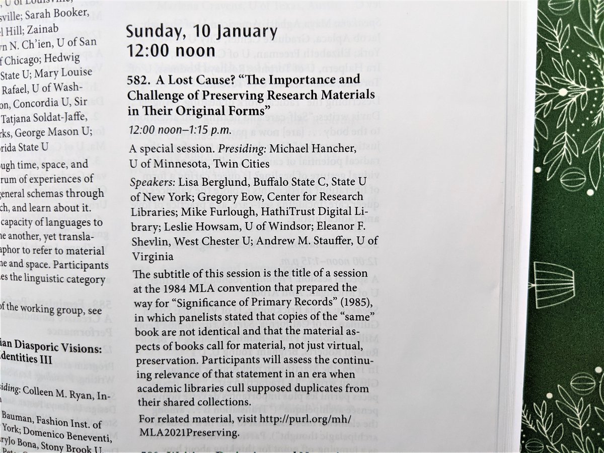 MichaelHancher's tweet image. Paper program announcing virtual discussion about conserving actual books. @Andrew_Stauffer @lesliehowsam @MikeFurlough @GregEow @belladead @PaulaKrebs @john_overholt
@SHARPorg @SHARPorgNews #mla21 #s582 mla.confex.com/mla/2021/meeti…