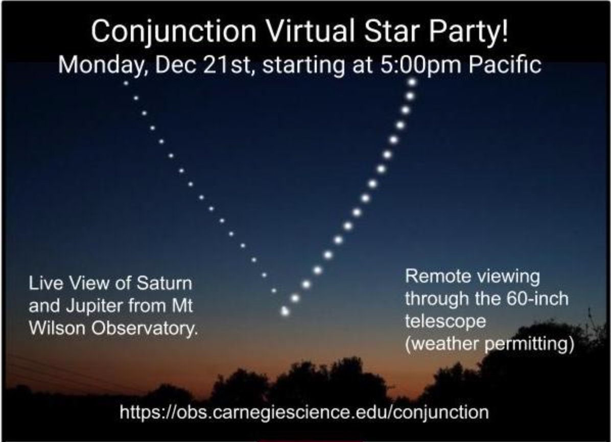 MtWilsonObs's tweet photo. Monday 12/21 we celebrate two big Astronomy events!  

“The Great Jupiter/Saturn Conjunction” which hasn’t happened since 1623, and the Winter Solstice arrives that morning, marking the first day of winter.

Join us at 5pm PST for a virtual star party
https://t.co/5NNsxkIdvV https://t.co/uTdSWuSiHZ