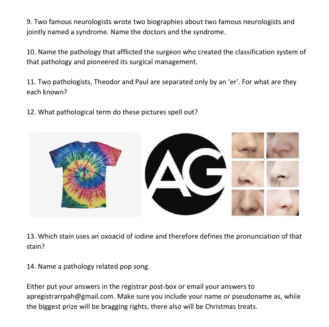 Catriona Mckenzie (@catrionamckenz5) on Twitter photo Pathology xmas quiz! Thanks @HulmeKat! Answers to follow <a href="/IPathC/">International Collaborative of Pathologists</a> <a href="/GuptaRuta/">Ruta Gupta</a> <a href="/TristanRutland7/">Tristan Rutland MBBS FRCPA IFCAP</a> <a href="/PathologyRCPA/">The Royal College of Pathologists of Australasia</a> @kellygretel <a href="/ProsserNj/">NJ Prosser</a> <a href="/DrLizPaver/">Liz Paver</a> <a href="/marcusdabner/">Marcus Dabner</a> <a href="/PathMEducators/">Pathology MEducators Network (Aus and NZ)</a> Pathology xmas quiz! Thanks @HulmeKat! Answers to follow <a href="/IPathC/">International Collaborative of Pathologists</a> <a href="/GuptaRuta/">Ruta Gupta</a> <a href="/TristanRutland7/">Tristan Rutland MBBS FRCPA IFCAP</a> <a href="/PathologyRCPA/">The Royal College of Pathologists of Australasia</a> @kellygretel <a href="/ProsserNj/">NJ Prosser</a> <a href="/DrLizPaver/">Liz Paver</a> <a href="/marcusdabner/">Marcus Dabner</a> <a href="/PathMEducators/">Pathology MEducators Network (Aus and NZ)</a>