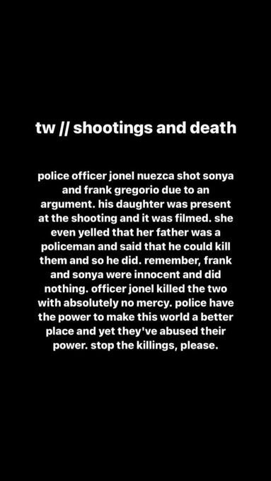bangtandiors's tweet photo. tw // shootings and death

you're supposed to protect but here you are killing ppl in just a blink. kid, you have to learn good manners above all. 

We demand justice!
We demand end of police brutality! 

#JusticeforSonyaGregorio #JUSTICEFORFRANKGREGORIO #StopTheKillingsPH https://t.co/vBr81QXv1Y