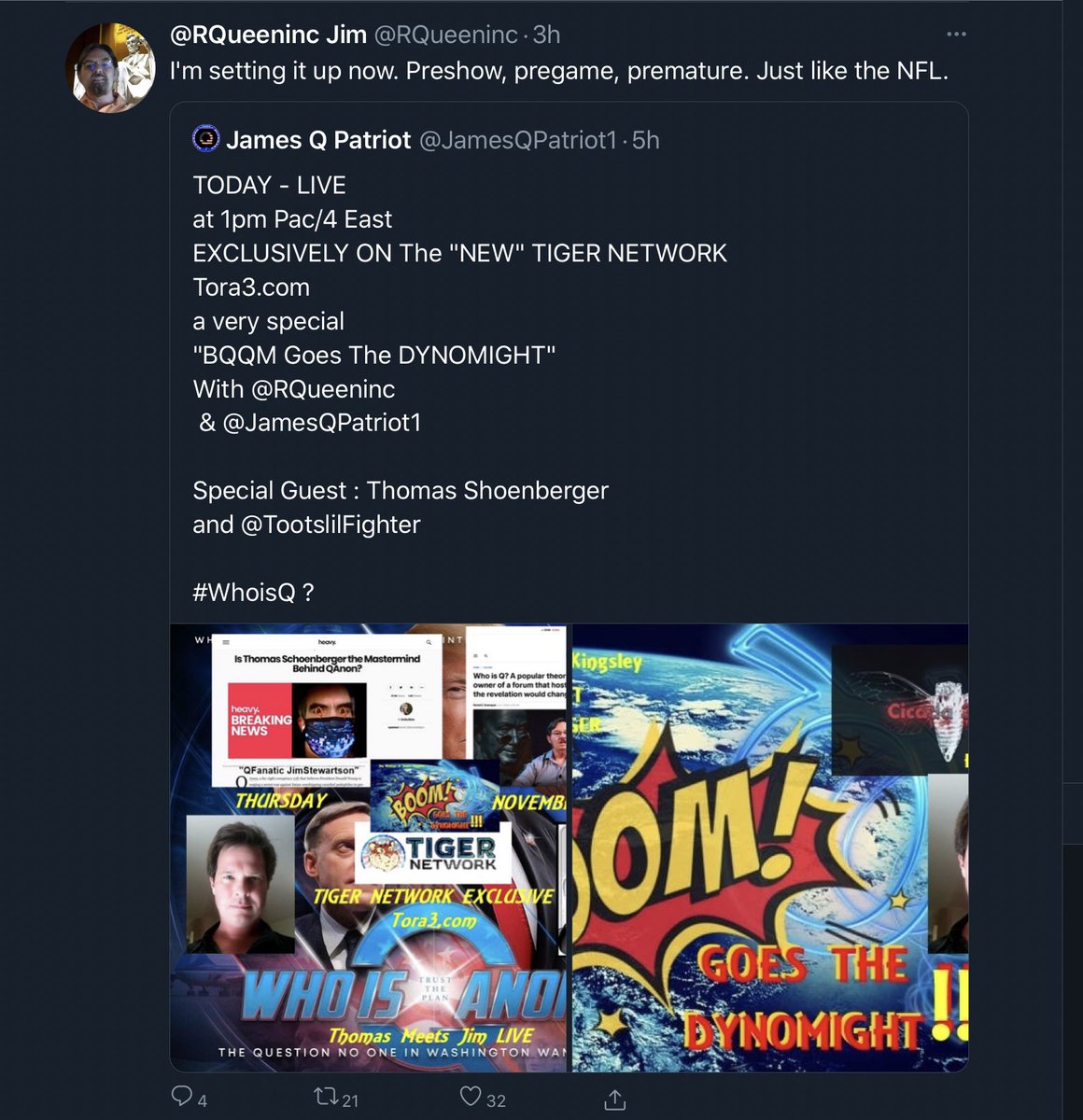 11/3 - Election happens Q goes quiet. Ron Watkins quits. E positions to lead.11/5 - Jim Watkins, Thomas Schoenberger, Janon and James Kingsley target ME on tora3 livestream. They talk about “E” in glowing terms.