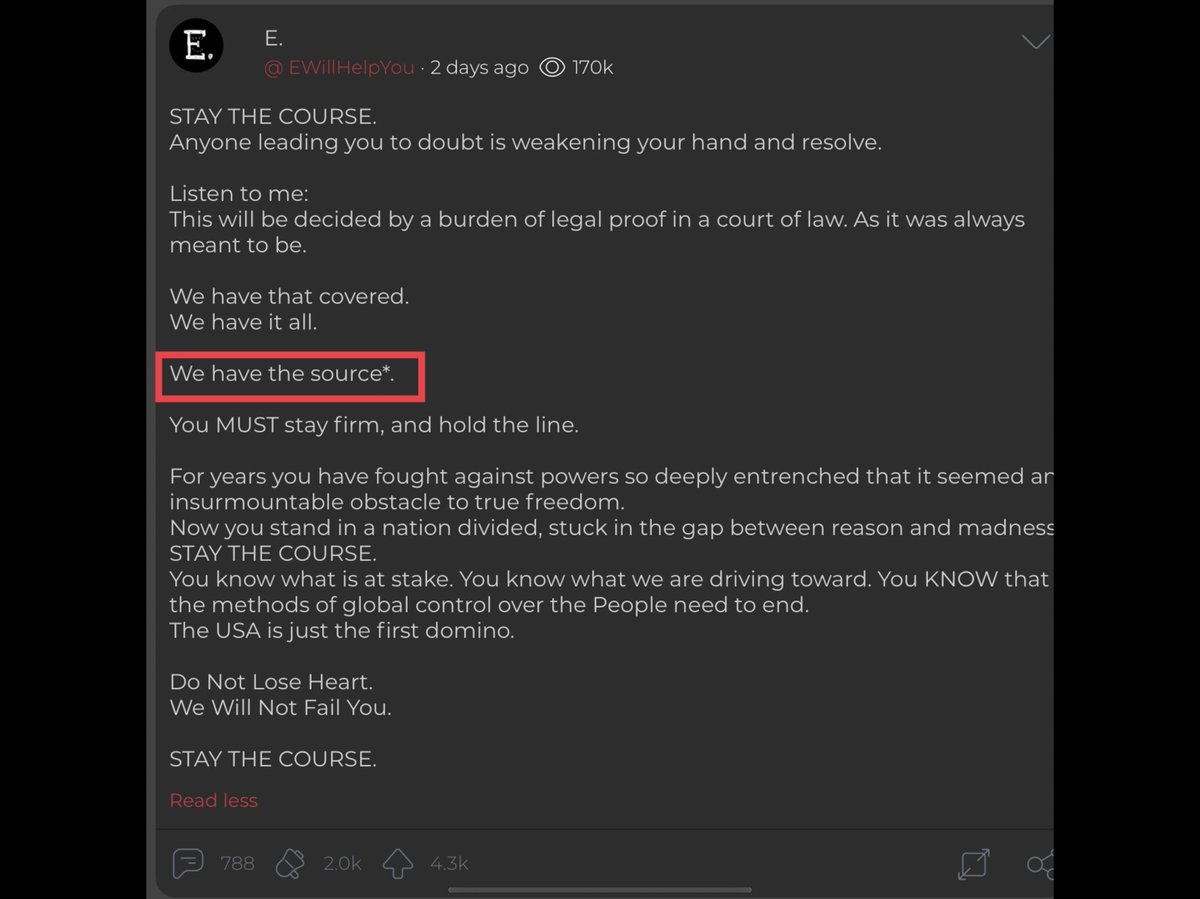 11/27 - E posts “We have the source” on Parler. One day later Jason and Oz post the same phrase simultaneously.