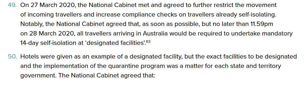 Was there any other alternative to hotels as 'designated faculties' though? Maybe the report gets to that later on but if you have thoughts on what would have served better than hotels, I'd be happy to hear your views.  #auspol  #springst  #hotelquarantine