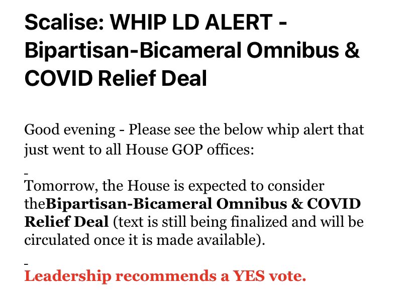 House GOP leadership urging a YES vote on COVID relief/omnibus package tomorrow