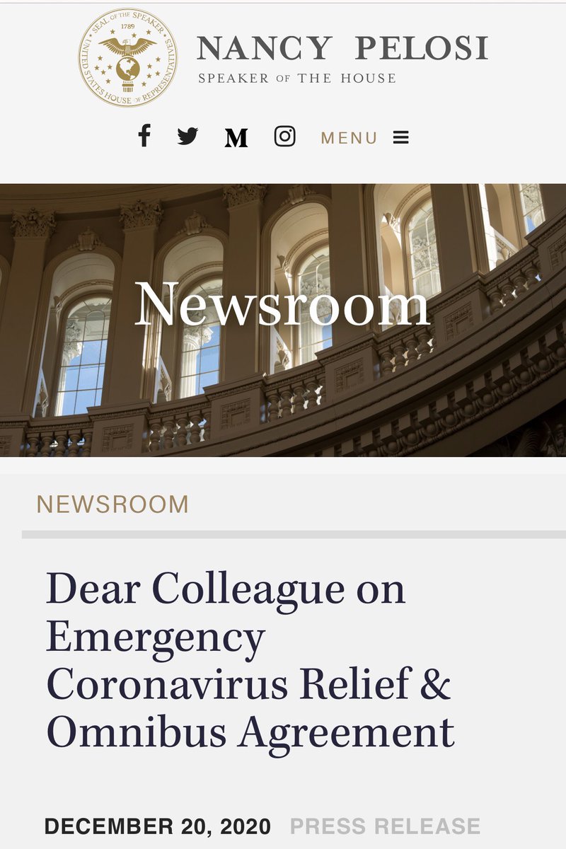 BREAKING:  @SpeakerPelosi on Emergency Coronavirus Relief & Omibud Agreement “We have now reached agreement on a bill that will crush the virus and put money in the pockets of working families who are struggling.” 1/