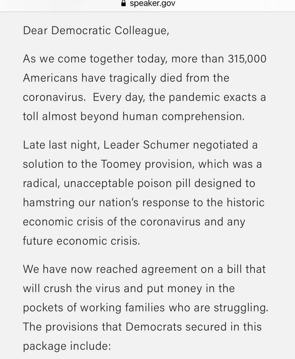 BREAKING:  @SpeakerPelosi on Emergency Coronavirus Relief & Omibud Agreement “We have now reached agreement on a bill that will crush the virus and put money in the pockets of working families who are struggling.” 1/