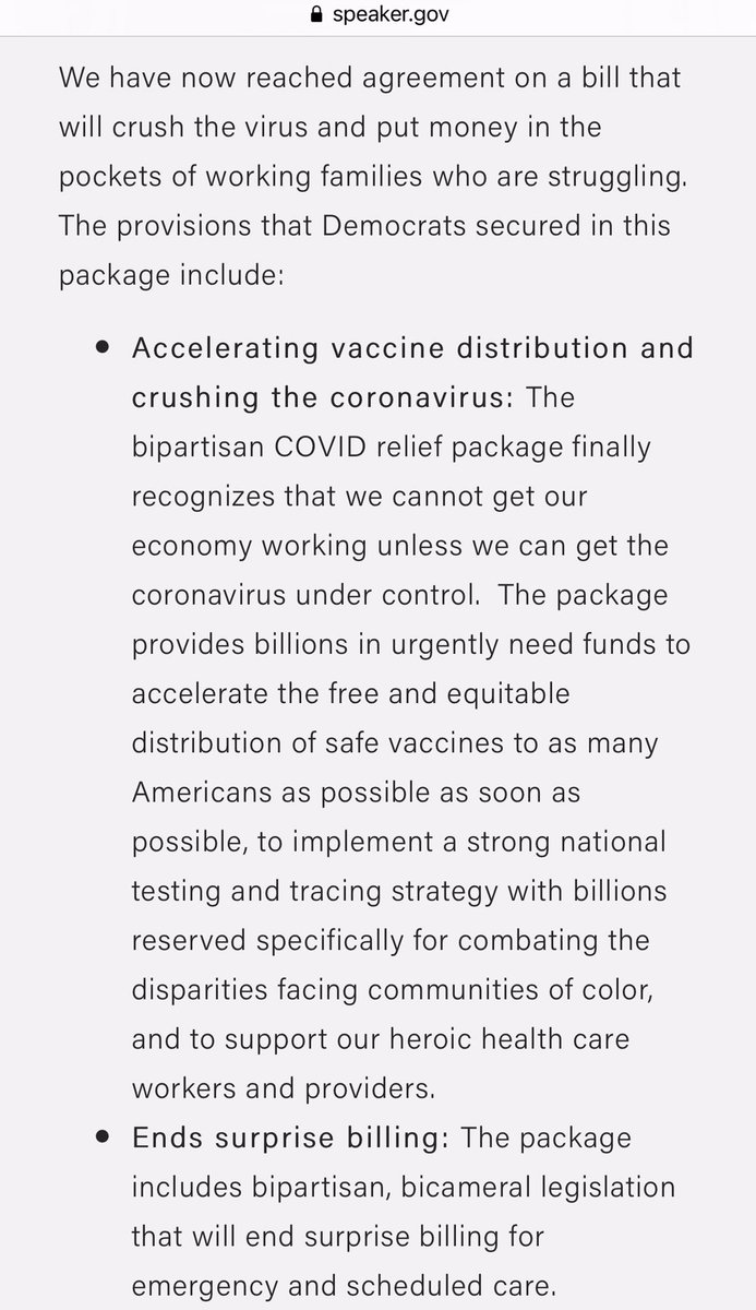 Speaker Pelosi’s Announcement (cont’) The agreement will:• Accelerate vaccine distribution and crush the coronavirus• End surprise billing• Provide rental assistance• Strengthen the Low Income Housing, Earned Income and Child Tax Credits• Give direct payment checks