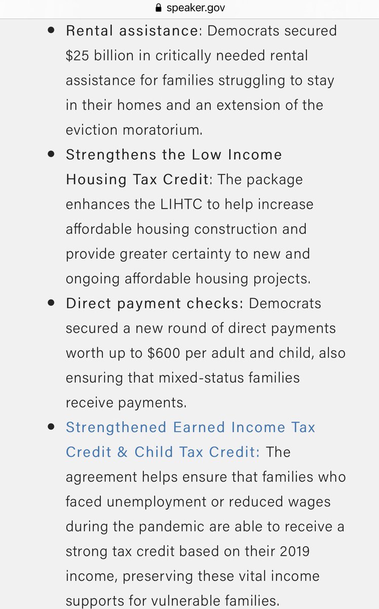 Speaker Pelosi’s Announcement (cont’) The agreement will:• Accelerate vaccine distribution and crush the coronavirus• End surprise billing• Provide rental assistance• Strengthen the Low Income Housing, Earned Income and Child Tax Credits• Give direct payment checks