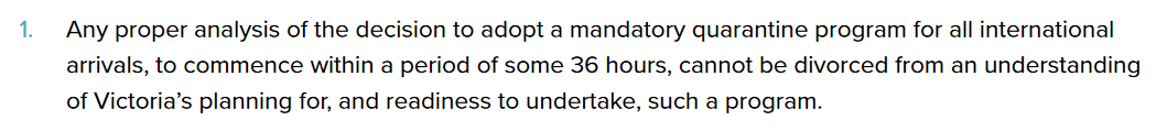 The Coate Inquiry clearly stating that the short time frame was an issue with establishing HQ.  #auspol  #springst  #hotelquarantine