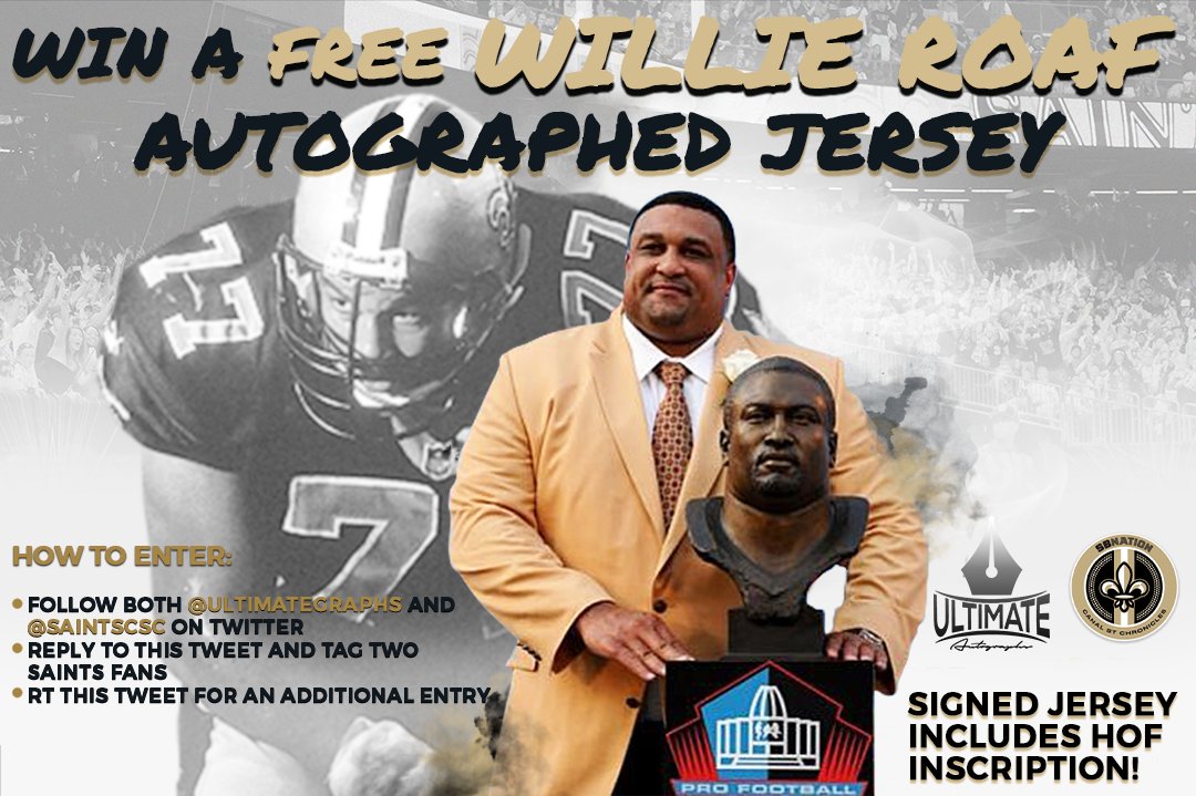 SaintsCSC's tweet photo. In honor of the #Saints and Chiefs game, and Christmas on the horizon, we're partnering up again with @Ultimategraphs for an awesome giveaway of a signed jersey from Saints and Chiefs HOFer @Willie_Roaf.

Just follow both us, and Ultimate Autographs, tag 2 Saints fans, and RT! https://t.co/dgwA8BDRQZ
