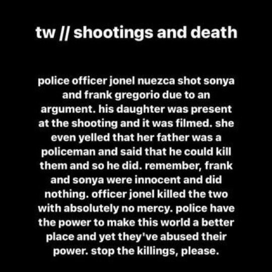 bestboywonuu's tweet photo. tw // shootings &amp; death

RT TO SPREAD WE NEED YOUR HELP !!

#StopTheKillingsPH
#EndPoliceBrutality 
#JusticeforSonyaGregorio 
#JUSTICEFORFRANKGREGORIO https://t.co/9fbqBYJlDR
