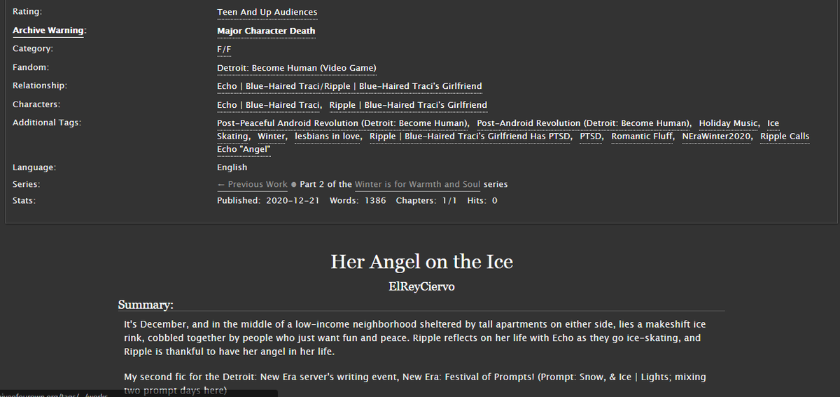 el_rey_ciervo's tweet photo. https://t.co/BtiV6uLgHw
My 2nd fic for the New Era writing event, Festival of Prompts! This one focuses on Echo and Ripple (the Tracis). Ripple reflects on her life with Echo, her Angel πππ
Prompts: Snow, & Ice, Lights
#dbh #NEraWinter2020 #dbhecho #dbhripple #dbhtracis https://t.co/Vxf57GYoJT