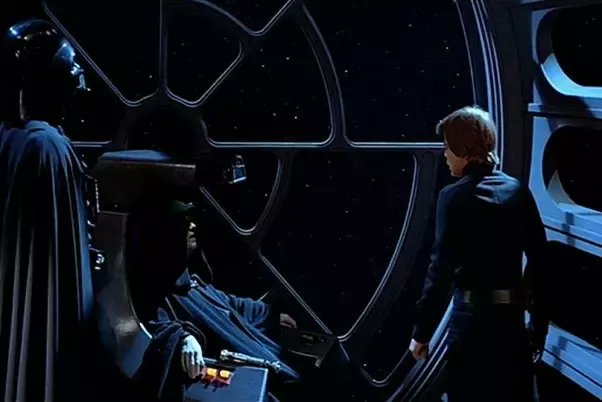 The Rebel fleet is being destroyed out the window of Palps throne room. "From here you will witness the final destruction of the alliance & the end of your insignificant Rebellion."Luke looks at Obi Wan's saber at Palps side.