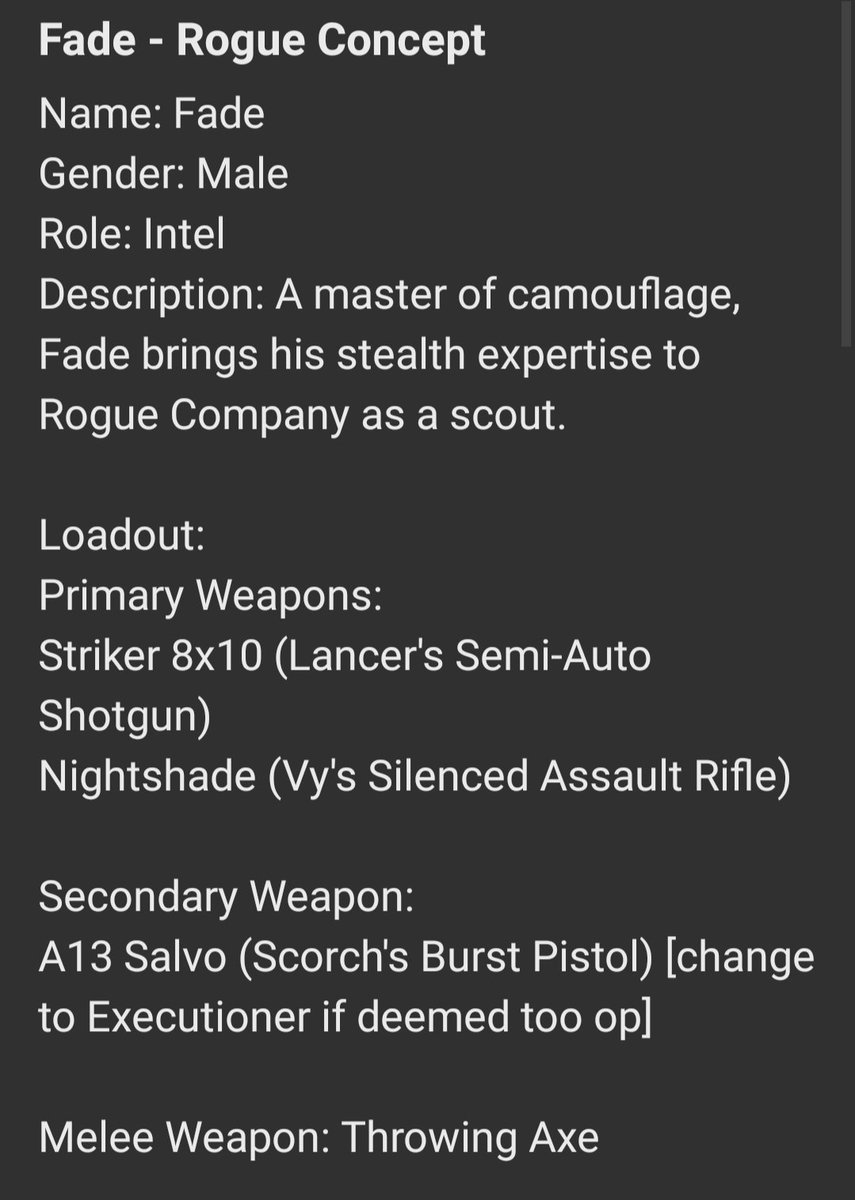 3JAD21_YT's tweet image. I came up with a concept for a new Rogue for RoCo called Fade! I think he'd really shake up gameplay. I put a lot of effort into it, so even tho the devs will never see it/implement it, I'd really appreciate anybody's thoughts on the idea! :)
#RogueCompany
#HiRezStudios
#Concept