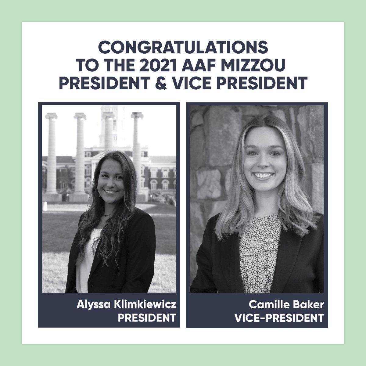 AAFMizzou's tweet photo. ⭐️ CONGRATS ⭐️ to AAF Mizzou’s 2021 President and Vice President! We can’t wait to see all the amazing work you two accomplish 🥳🥳🥳 https://t.co/qyLINpLW3D