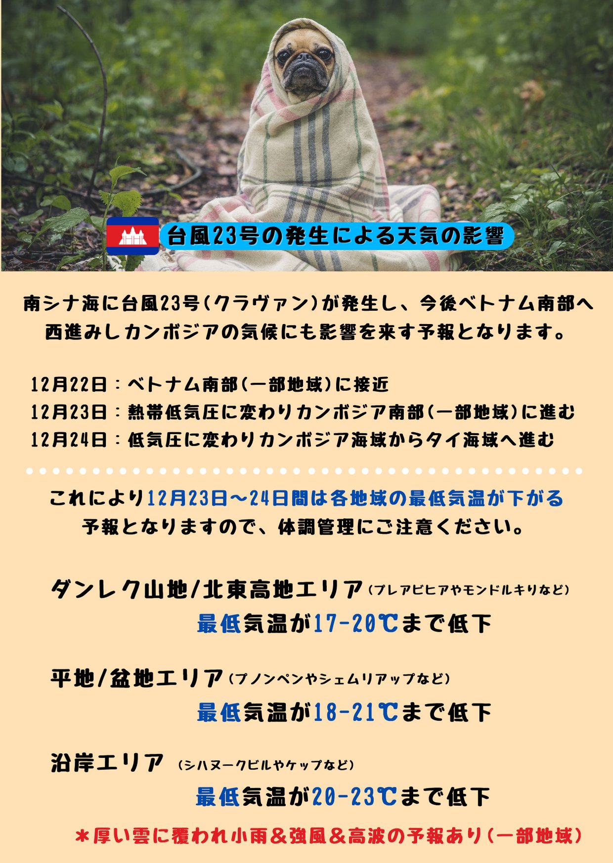 ロイヤルアンコール国際病院 カンボジア シェムリアップだけでなくカンボジア国内全土は 昨日から今朝も冷たい気温となっています そして新たな天気予報が発表され また肌寒さが一層強く感じられそうな予報ですので 引き続き体調管理を徹底され ロイヤルアンコール国際病院 カンボジア シェムリアップだけでなくカンボジア国内全土は 昨日から今朝も冷たい気温となっています そして新たな天気予報が発表され また肌寒さが一層強く感じられそうな予報ですので 引き続き体調管理を徹底され