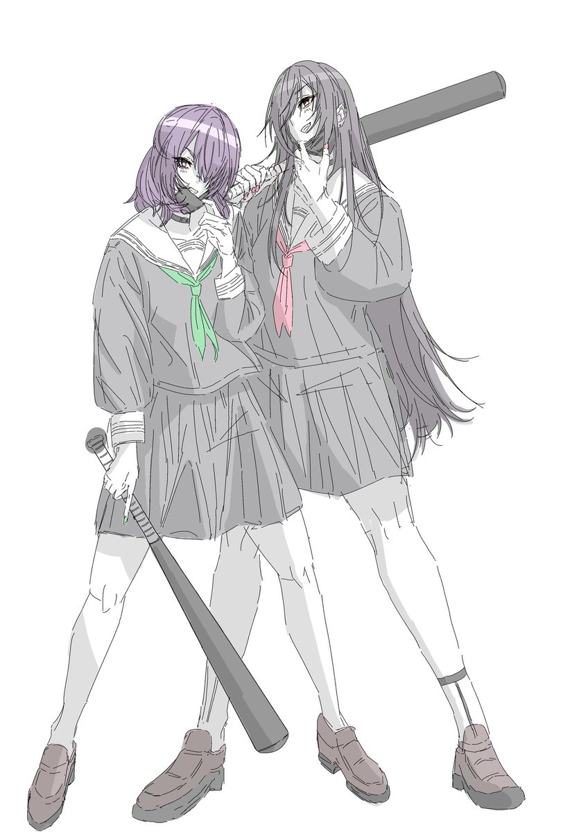 multiple girls 2girls school uniform mask pull purple hair baseball bat long hair  illustration images