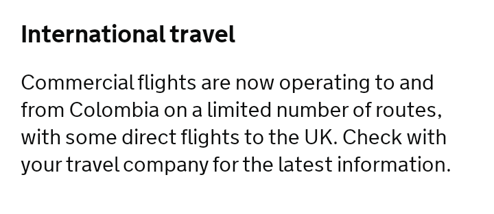 TheColombianWay's tweet photo. @FCDOtravelGovUK The travel advice says that there are some direct flights to the UK but @UKinColombia says they're all cancelled from 21 Dec. https://t.co/euF1hxQAMK