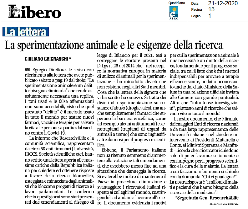La nostra #lettera di risposta pubblicata oggi da <a href="/Libero_official/">Quotidiano Libero</a> ad una farneticante missiva #Lav uscita sul giornale il 19. Non è più tempo per tacere, non è più tempo per fare #ricerca nei #laboratori e basta. L'#orgoglio di #ricercatori deve esprimersi anche via social media