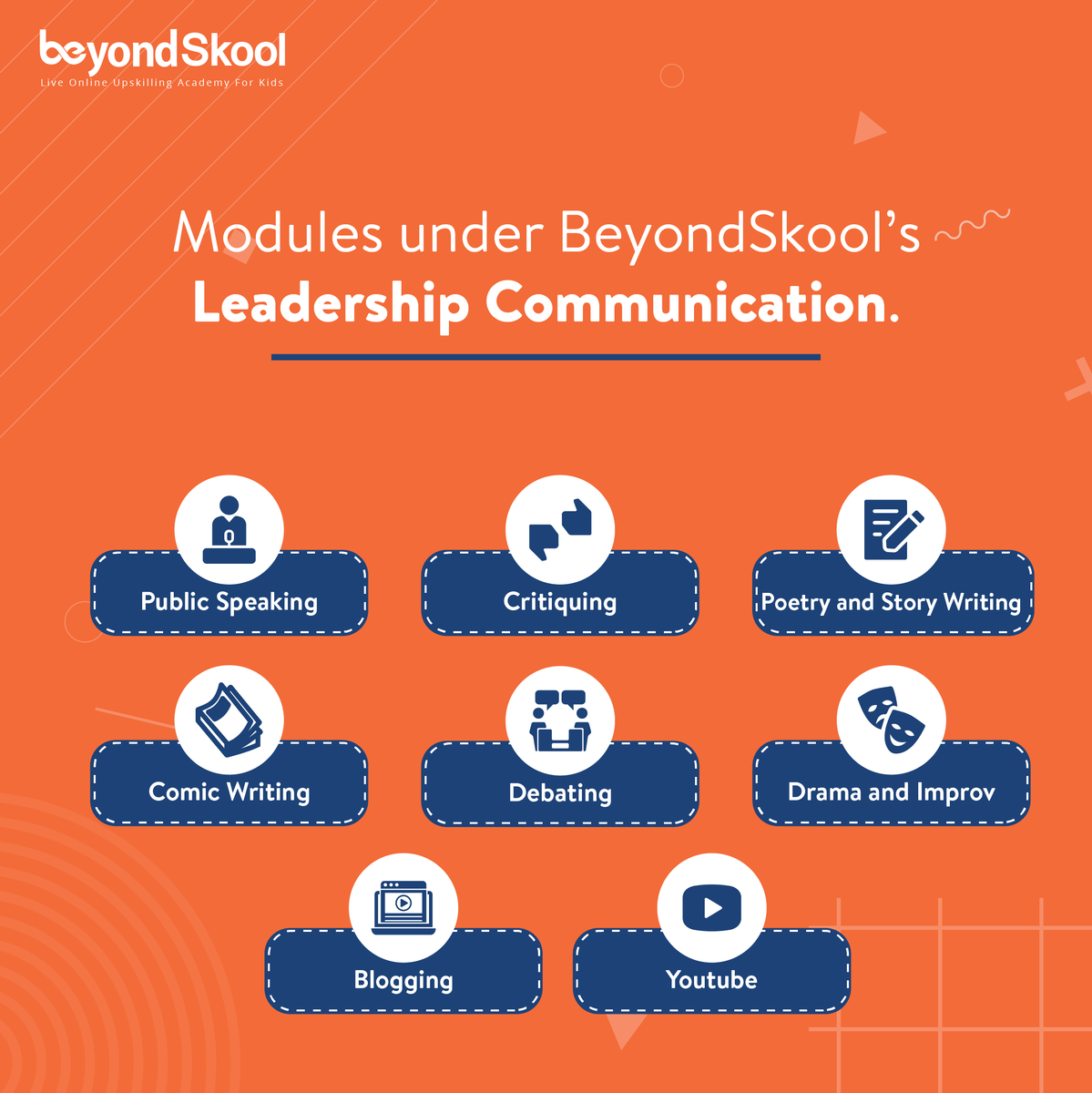 GoBeyondSkool's tweet photo. BeyondSkool’s Leadership Communication course prepares your child to become confident communicators, know how to collaborate and develop strong interpersonal skills hence strengthening their EQ and enhancing their CQ.
It leads them to become influencers. 
https://t.co/zS95xNvszS https://t.co/tmmo2JLeAD