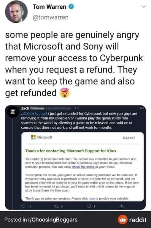 GamingSlade1's tweet photo. Are people actually this stupid. When you want a refund you usually have to return the item don’t you??? #Cyberbug2077 #Cyberpunk2077 https://t.co/bpZwsuuHUr