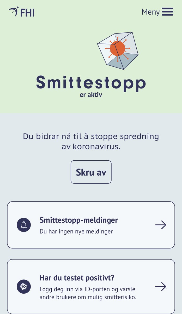 Denne gang tar jeg i bruk FHIs #Smittestopp-app. Personvern, sikkerhet og batteribruk virker langt bedre ivaretatt nå (slik det fremstår gjennom bl.a. Smittestopp Innsyn). I forrige runde installerte jeg ikke. Håper appen kan bli et bra supplement til tradisjonell smittesporing.